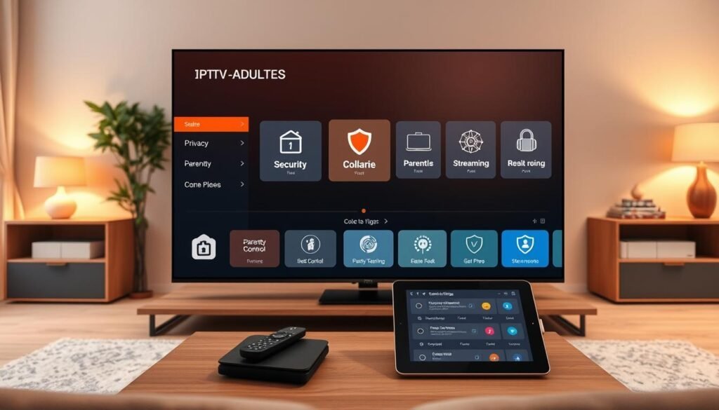 A professional and discreet illustration representing "IPTV-ADULTES" focused on secure IPTV services. In the foreground, depict a sleek, modern television screen displaying a user interface that emphasizes security settings and parental control options, with icons symbolizing privacy and quality streaming. In the middle ground, include a calm, organized living room setting featuring a contemporary coffee table with a remote control and a tablet displaying secure streaming options. The background should be soft and cozy, filled with warm, inviting lighting that invokes a sense of safety and relaxation. Use a warm color palette to enhance the atmosphere. Showcase this image from a slightly elevated angle to provide a comprehensive view of the scene, ensuring it's safe for work and conveys a positive mood towards secure streaming experiences. IPTV Adultes : accès sécurisé et discret aux contenus +18