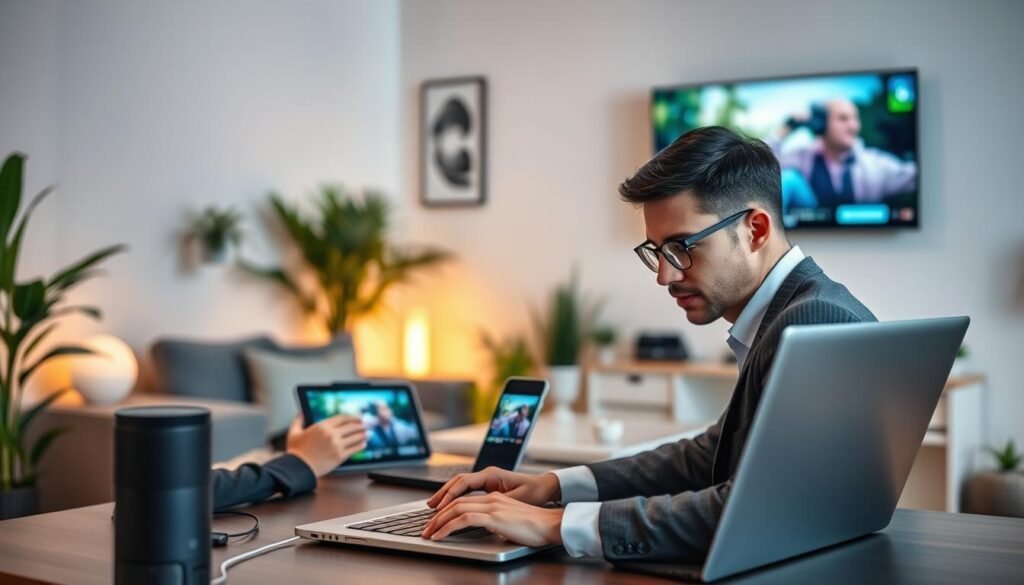 A serene home office setup showcasing an individual focused on optimizing their IPTV connection for seamless streaming. The foreground features a person in professional business attire, intently working on a sleek laptop, with ergonomic accessories around them. In the middle layer, several smart devices like a tablet and smartphone are visible, displaying streaming content. The background reveals a cozy, well-lit room with soft ambient lighting, plants, and a wall-mounted TV streaming high-quality visuals. The atmosphere is calm and productive, emphasizing technology integration for an uninterrupted IPTV experience. Soft focus on the background elements enhances the subject's concentration, while warm light creates an inviting ambiance. Optimiser sa connexion pour un abonnement IPTV Adultes fluide