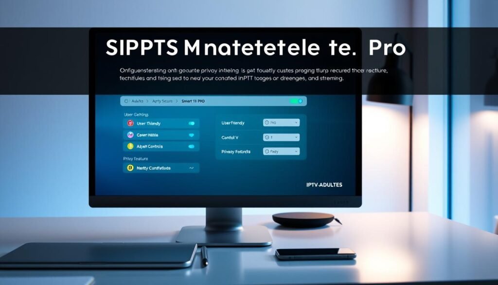 A sleek and modern digital workspace depicting the configuration technique for IPTV Smarters Pro. In the foreground, a desktop computer screen shows the IPTV Smarters Pro interface, showcasing user-friendly settings with vibrant icons related to parental controls and privacy features. The middle ground features a neatly organized workspace, including a laptop, notepad, and smartphone, all exuding a professional ambiance. The background features a subtle gradient of blue and green hues, suggesting a secure digital environment. Soft, diffused lighting illuminates the scene, enhancing clarity and focus, while a slight depth of field adds dimension. The atmosphere is calm and focused, emphasizing the importance of security and quality in streaming, with discreet branding for "IPTV-ADULTES" subtly incorporated into the screen design. Configuration d'IPTV Smarters Pro pour l'abonnement IPTV Adultes