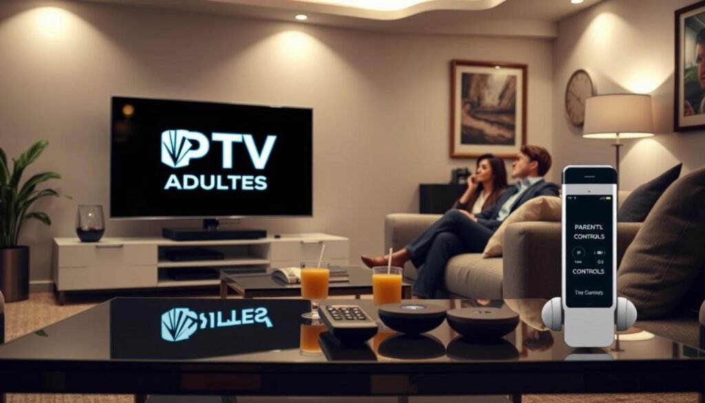 A sophisticated, elegant living room scene featuring a modern TV displaying the logo "IPTV-ADULTES" prominently. In the foreground, a sleek coffee table holds a remote control and a few light refreshments, signifying a relaxed viewing experience. The middle ground shows a plush sofa with comfortable throw pillows, ideally occupied by individuals in professional business attire enjoying a safe and quality streaming experience. In the background, soft ambient lighting creates a warm atmosphere, with tasteful artwork on the walls suggesting sophistication and discretion. Ensure the setting reflects privacy and security, with decorative elements that imply control, like a smart device displaying parental controls. The overall mood is inviting yet professional, emphasizing a premium IPTV subscription experience. Salon équipé pour profiter de l'abonnement IPTV Adultes en 4K