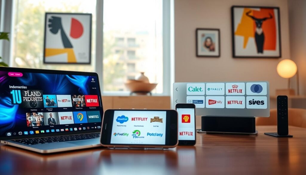 A digital workspace showcasing modern alternatives to adult IPTV channels. In the foreground, a sleek laptop displays vibrant streaming service interfaces, surrounded by a stylish desk with an inviting ambiance. In the middle, a tablet and smartphone show various logos of popular alternatives, reflecting diverse content choices like independent films, documentaries, and educational programming. The background features soft natural lighting from a large window, casting a warm glow over the scene, while abstract art pieces hang on the wall, contributing to a professional atmosphere. The overall mood is informative and modern, emphasizing accessibility and safe viewing options in a clutter-free environment.
