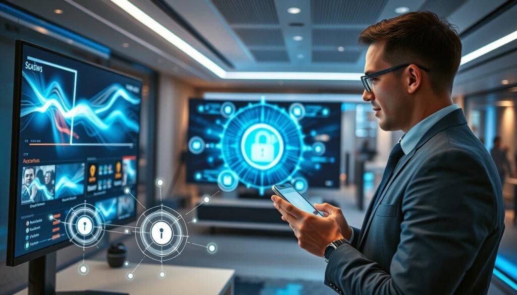 A futuristic digital workspace showcasing advanced IPTV technology, with sleek monitors displaying abstract visuals of data streams and vibrant graphics indicating channel layouts. In the foreground, a professional individual dressed in business attire analyzes the IPTV interface, interacting with holographic elements and touchscreens. In the middle ground, there are stylized representations of data transmission symbols and interconnected networks, embodying the concept of secure access and innovative viewing options. The background features a modern, tech-inspired office environment illuminated by soft, ambient lighting, with blue and green hues creating a high-tech atmosphere. This image captures the essence of future trends in IPTV technology, focusing on secure access and advanced entertainment choices.