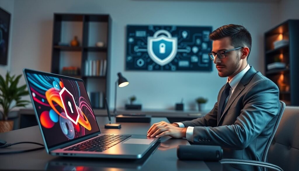 A modern home office setting, emphasizing security and confidentiality in IPTV content delivery. In the foreground, a sleek laptop displays a colorful, abstract representation of secured digital content. A professional individual, dressed in smart business attire, is seated with a focused expression, typing on the laptop. In the middle ground, a stylish desk is equipped with high-tech gadgets, such as a secure router and a digital security device, surrounded by soft ambient lighting that creates a calm atmosphere. The background features shelves with tech books and a wall display of digital encryption symbols. The overall mood is serious yet optimistic, conveying a sense of safety and advanced technology.