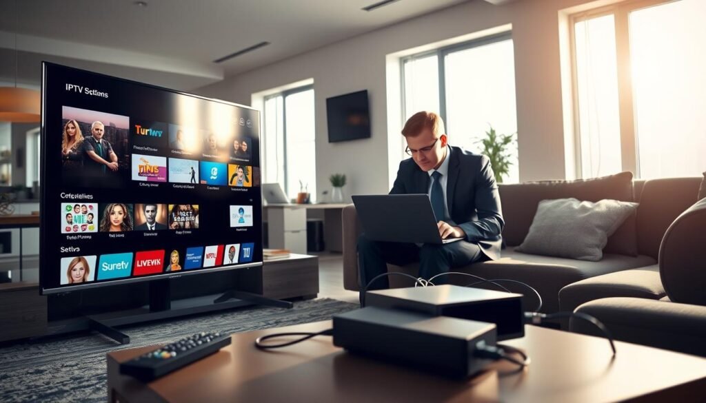 A modern living room setup showcasing the installation and configuration of an IPTV system. In the foreground, a sleek smart TV displaying a streaming interface with colorful thumbnails and a remote control resting nearby. The middle ground features a professional-looking person in business attire, focused on connecting cables and configuring settings on a laptop, with an IPTV device visible. The background depicts a stylish, well-lit room with contemporary furniture, enhancing the techy atmosphere. Soft, natural light streams in through large windows, casting warm shadows. The overall mood is focused and engaging, emphasizing an approachable yet professional environment for setting up IPTV services.