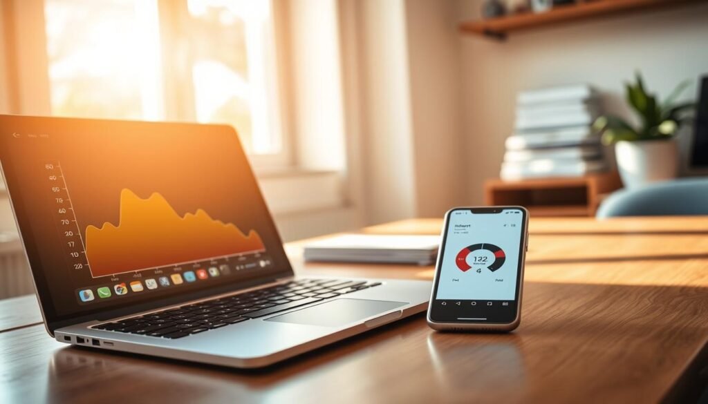 A close-up view of a modern laptop and a smartphone displaying a speed test app, both placed on a stylish wooden desk. In the foreground, the laptop's screen shows a colorful graph indicating internet speed, while the smartphone displays a connection status with varying signal bars. In the middle ground, soft, natural daylight streams through a nearby window, illuminating the workspace and creating gentle shadows that enhance the scene's depth. In the background, a cozy room with neatly stacked tech books and a potted plant can be seen, adding a touch of warmth and a professional atmosphere. The overall mood is focused and productive, capturing the essence of testing and verifying internet connectivity. The image should be clear and well-composed, emphasizing reliability and efficiency in a tech-savvy environment.