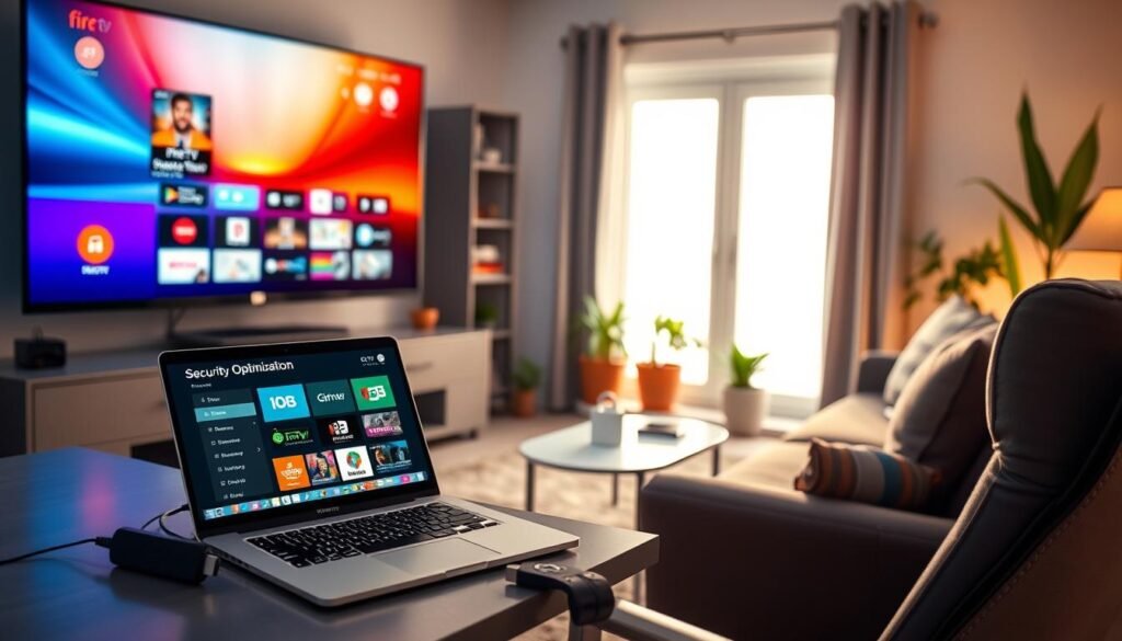 A cozy home office setup showcasing a sleek Fire TV Stick connected to a large smart TV, prominently displaying a vibrant streaming interface. In the foreground, a modern desk equipped with a laptop displaying security optimization settings and colorful apps related to IPTV. The middle ground features a comfortable armchair and a small coffee table with smart devices like a router and headphones. Soft ambient lighting illuminates the room, creating a warm atmosphere. In the background, a window lets in natural light, casting a serene glow on potted plants. The overall mood is inviting and tech-savvy, emphasizing reliability and security in streaming while maintaining a professional aesthetic.