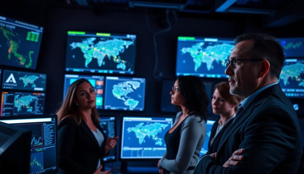 A dynamic scene capturing anti-piracy operations in Europe, featuring a high-tech control room filled with monitors displaying real-time data and maps of IPTV networks. In the foreground, a diverse group of four professionals in business attire, including a woman pointing at a screen and a man discussing strategies with a serious expression, engage in intense collaboration. The middle ground shows detailed screens and digital graphs indicating piracy statistics and enforcement measures. In the background, the atmosphere is dark and moody, illuminated by blue and green ambient lighting. The image conveys urgency and expertise, symbolizing the ongoing battle against illegal broadcasting and piracy in France and across Europe.