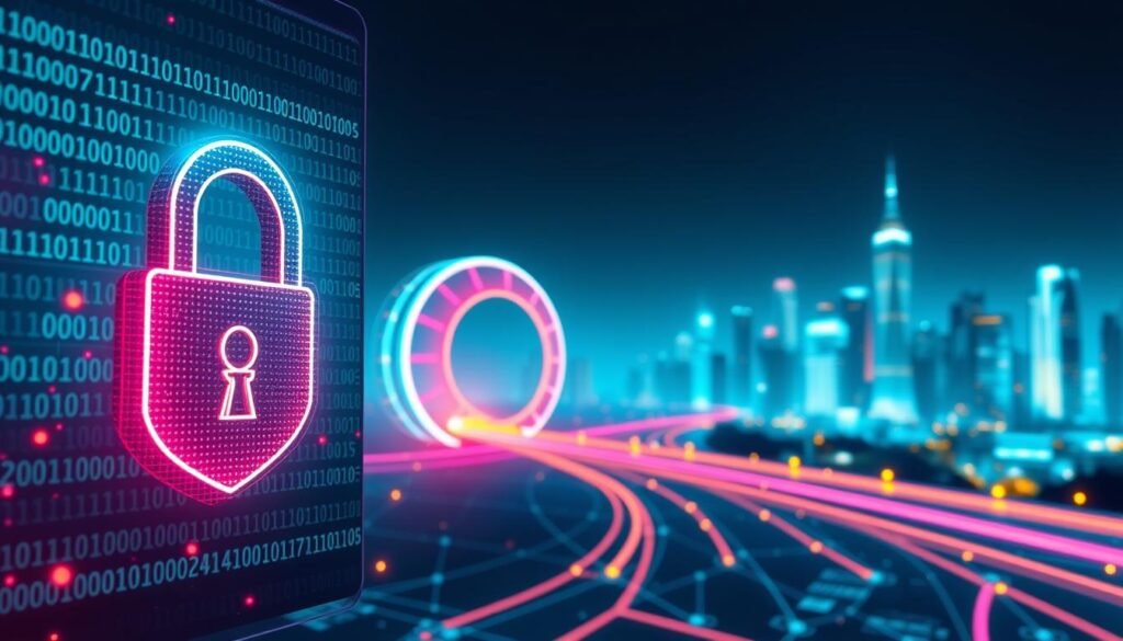 A futuristic digital landscape depicting data encryption in action. In the foreground, a glowing padlock symbol representing security, surrounded by a shimmering shield made of binary code. The middle layer features a stylized VPN tunnel, represented by colorful data streams flowing through a network of interconnected nodes. In the background, a city skyline illustrates the concept of connectivity and technology, with soft neon lights illuminating the scene. The atmosphere is one of safety and innovation, with a cool color palette of blues and greens. The image is captured from a slightly elevated angle to showcase depth and complexity, with a focus on the intricate details of the encryption process and seamless data flow. The lighting is bright but soft, giving a sense of optimism and security in the digital age.