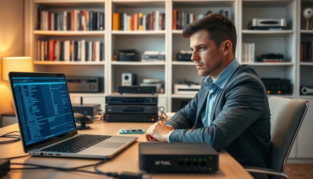 A professional-looking technician seated at a modern desk, focused on troubleshooting IPTV issues. In the foreground, a laptop displays a diagnostic screen filled with technical data. The technician, dressed in business casual attire, has a thoughtful expression as they work. In the middle layer, an array of technical devices (routers, cables, and streaming equipment) are organized neatly on the desk, suggesting an organized approach to problem-solving. The background features a softly lit home office with shelves filled with books and tech gadgets, creating a cozy yet professional atmosphere. Soft, warm lighting enhances the mood, conveying a sense of reliability and expertise, while a slightly blurred focus on the background adds depth to the scene.