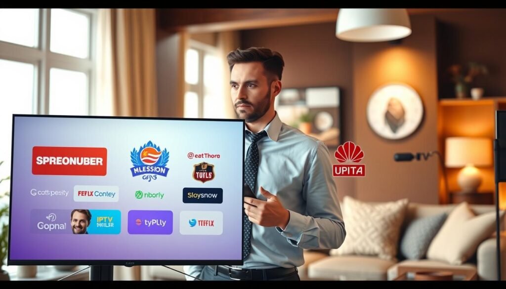 A visually engaging comparison of legal streaming IPTV services. In the foreground, illustrate two sleek, modern screens displaying different IPTV interfaces side by side, showcasing vibrant logos of legal streaming platforms. In the middle ground, include a professional businessperson in smart casual attire analyzing the screens with a thoughtful expression. In the background, create a warm, inviting living room setting with cozy lighting and tasteful decor, emphasizing a modern lifestyle. The atmosphere should evoke a sense of clarity and professionalism, inviting viewers to ponder their streaming options. Use soft, ambient lighting to enhance the mood, with a shallow depth of field to focus on the screens and the individual, while slightly blurring the background.
