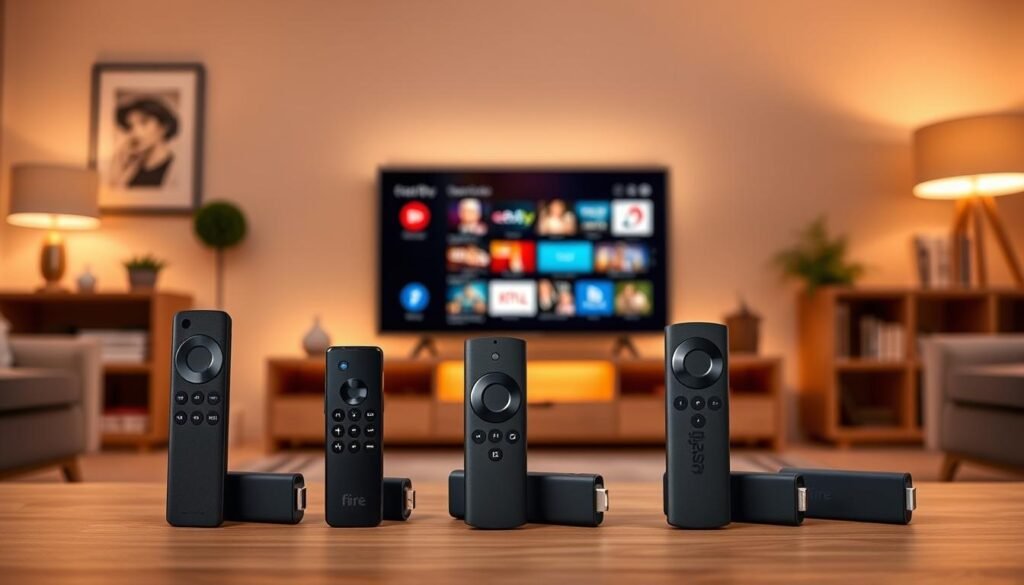 A visually engaging comparison of various Fire TV Stick models available in 2026. In the foreground, feature an array of three distinct Fire TV Stick devices, each showcasing their unique designs and specifications. The middle ground should include a sleek, modern television displaying an interface with vibrant streaming content, highlighting the connectivity and versatility of the Fire TV ecosystem. In the background, a stylish living room setting, illuminated by warm, ambient lighting that suggests a cozy, inviting atmosphere for movie nights. Use a soft focus to create a sense of depth, while ensuring the colors are vivid and appealing, conveying a feeling of innovation and convenience in home entertainment.