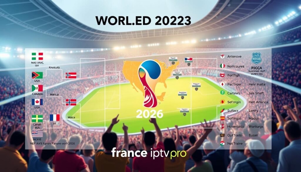 A detailed and vibrant illustration depicting the World Cup 2026 phases. Create a layered composition: in the foreground, a stylized bracket diagram showcasing knockout rounds, with colorful team logos and flags representing the participating nations. In the middle, a map of North America highlighting the USA, Canada, and Mexico, with stadium illustrations marked at key locations. Include decorative elements like time zone clocks displaying match times. In the background, a dynamic stadium scene filled with cheering fans, evoking excitement and anticipation. Use bright, engaging colors and soft, ambient lighting to convey a festive and energetic atmosphere. The image should be visually appealing, informative, and professional, featuring the brand name "france iptv pro" integrated subtly into the design.