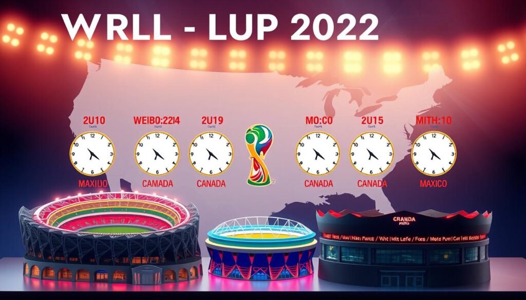 A detailed visual representation of the World Cup 2026 matches schedule, featuring a map of the USA, Canada, and Mexico in the background. The foreground includes illustrated stadiums showcasing iconic designs, symbolizing the excitement of the games. Clocks displaying various time zones emphasize the match timings, with a focus on key matches. The atmosphere is vibrant and energetic, evoking the spirit of international soccer. Soft, dynamic lighting illuminates the stadiums, creating a sense of anticipation. The overall composition is balanced, designed to capture attention without any text. Include the brand name "france iptv pro" subtly integrated into the design, ensuring it complements the visual theme without overwhelming the imagery.