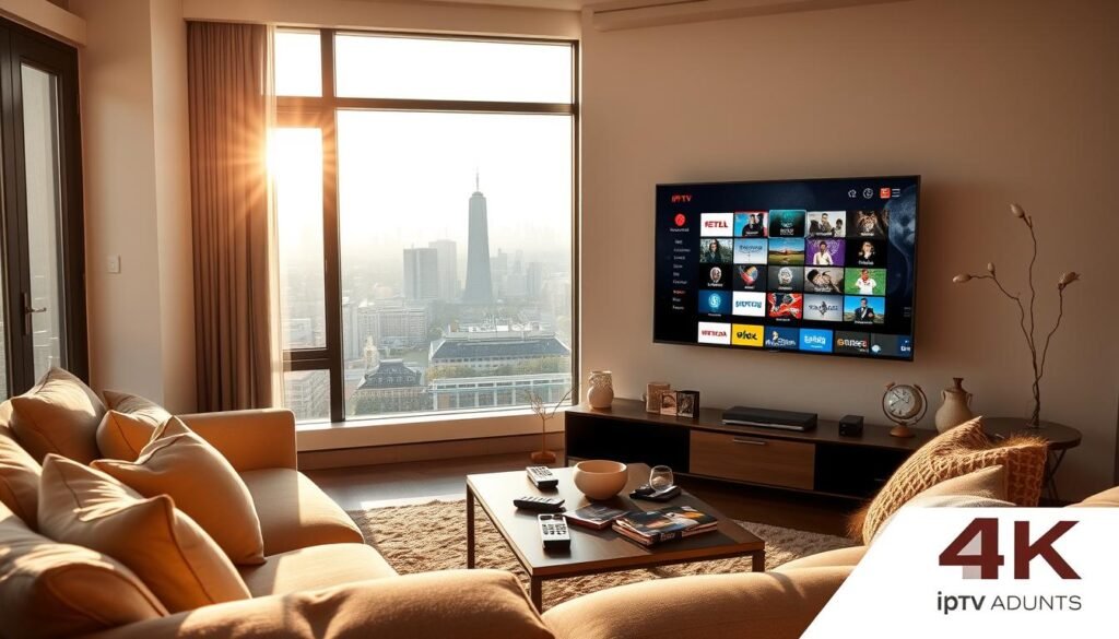 A modern living room scene designed for expatriates, showcasing a sleek 4K IPTV setup. In the foreground, a stylish TV unit with a high-definition screen displaying vibrant French international channels, like news, entertainment, and sports. A comfortable sofa with neutral tones complements the decor, adorned with a few cultural artifacts representing France. In the middle, a coffee table is scattered with remote controls and snacks, suggesting a relaxed viewing environment. The background features a window with a view of a city skyline, bathed in warm afternoon light creating a cozy atmosphere. Soft shadows enhance the depth of the room, while a sense of cultural connection is conveyed through thoughtful interior elements. The image captures the essence of "iptv adultes" experience for expatriates in a welcoming and sophisticated way. A modern living room scene designed for expatriates, showcasing a sleek 4K IPTV setup. In the foreground, a stylish TV unit with a high-definition screen displaying vibrant French international channels, like news, entertainment, and sports. A comfortable sofa with neutral tones complements the decor, adorned with a few cultural artifacts representing France. In the middle, a coffee table is scattered with remote controls and snacks, suggesting a relaxed viewing environment. The background features a window with a view of a city skyline, bathed in warm afternoon light creating a cozy atmosphere. Soft shadows enhance the depth of the room, while a sense of cultural connection is conveyed through thoughtful interior elements. The image captures the essence of "iptv adultes" experience for expatriates in a welcoming and sophisticated way.