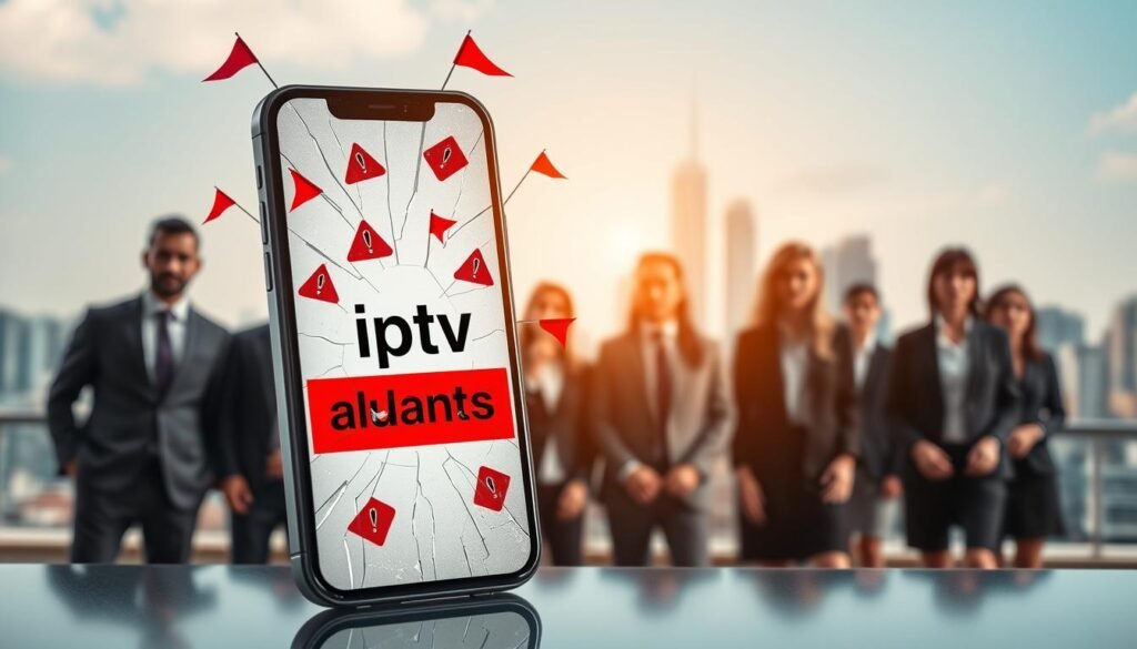 A visually engaging metaphorical representation of IPTV scams, focusing on the theme of vigilance and awareness. In the foreground, depict a smartphone with a cracked screen displaying the brand name "iptv adultes", surrounded by caution symbols and red flags. In the middle ground, illustrate a diverse group of individuals dressed in business attire, looking at the phone with expressions of concern and caution. In the background, incorporate a blurred image of a city skyline, emphasizing a modern, digital environment. The lighting should be bright yet slightly ominous, casting shadows that suggest uncertainty. The overall mood should convey alertness and the importance of being aware of IPTV scams in 2026. Focus on clarity and professional atmosphere. A visually engaging metaphorical representation of IPTV scams, focusing on the theme of vigilance and awareness. In the foreground, depict a smartphone with a cracked screen displaying the brand name "iptv adultes", surrounded by caution symbols and red flags. In the middle ground, illustrate a diverse group of individuals dressed in business attire, looking at the phone with expressions of concern and caution. In the background, incorporate a blurred image of a city skyline, emphasizing a modern, digital environment. The lighting should be bright yet slightly ominous, casting shadows that suggest uncertainty. The overall mood should convey alertness and the importance of being aware of IPTV scams in 2026. Focus on clarity and professional atmosphere.