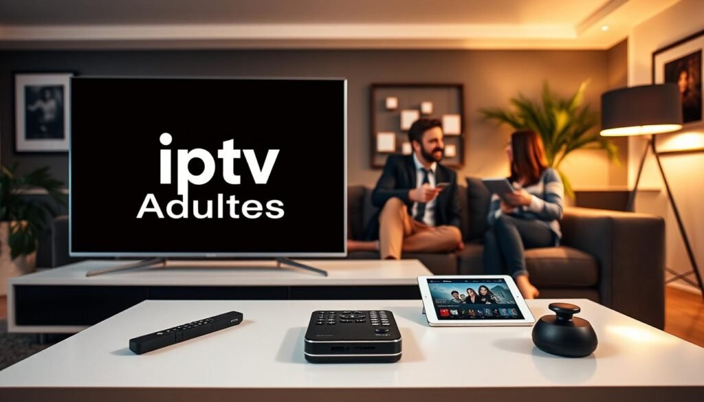 A modern living room setting featuring a sleek TV displaying the logo "iptv Adultes" in an elegant manner. In the foreground, a stylish coffee table holds remote controls and a tablet, symbolizing subscription options. The middle ground showcases a cozy couch with a couple dressed in smart casual attire, engaged in a relaxed conversation while browsing IPTV options on the tablet. The background beams with soft, warm lighting enhancing the inviting atmosphere, framed by contemporary decor elements such as art on the walls and greenery. The overall mood is friendly and informative, creating an inviting scene that reflects the theme of engaging with premium IPTV services, suitable for adults.