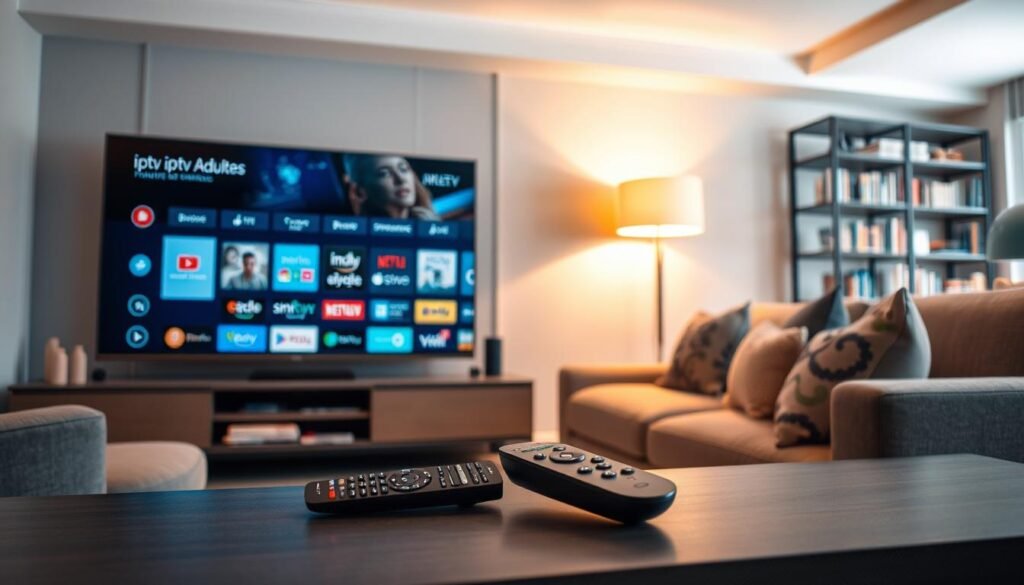 A sleek and modern living room setting, showcasing a high-definition TV displaying an elegant user interface for "iptv Adultes." In the foreground, a stylish remote control rests on a coffee table, surrounded by a few colorful streaming service logos. The middle ground features a plush sofa facing the TV, adorned with decorative pillows. In the background, a contemporary bookshelf is filled with assorted media, and soft ambient lighting creates a cozy atmosphere. The scene conveys a sense of relaxation and enjoyment, hinting at the idea of managing favorite playlists and channels. Use a warm color palette and a wide-angle lens to capture the inviting atmosphere without any people present, ensuring a clean and professional look.