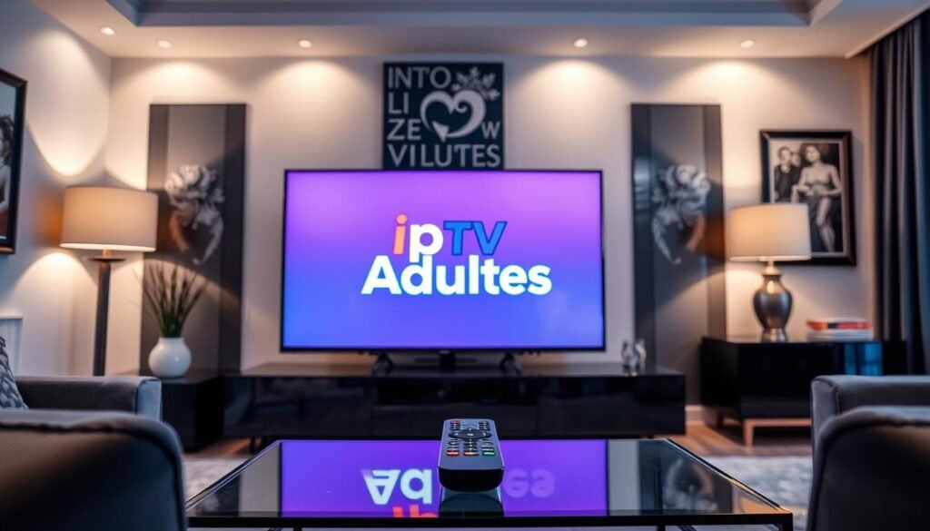 A sophisticated living room setup representing premium IPTV services. In the foreground, a sleek, modern television displays the "iptv Adultes" logo prominently on the screen, showcasing vibrant colors and high-definition clarity. Surrounding the TV, stylish furniture complements the luxurious atmosphere, with a plush sofa and tasteful decor. In the middle ground, a remote control rests on a glass coffee table, emphasizing user-friendly access to exclusive content. The background features elegant wall art and soft lighting that creates a warm, inviting ambiance. The scene conveys a sense of security and privacy, with soothing tones of blue and gray, reflective of confidentiality in IPTV services. The angle is slightly from above, providing a glimpse into the intimate experience of enjoying premium content in a safe environment.