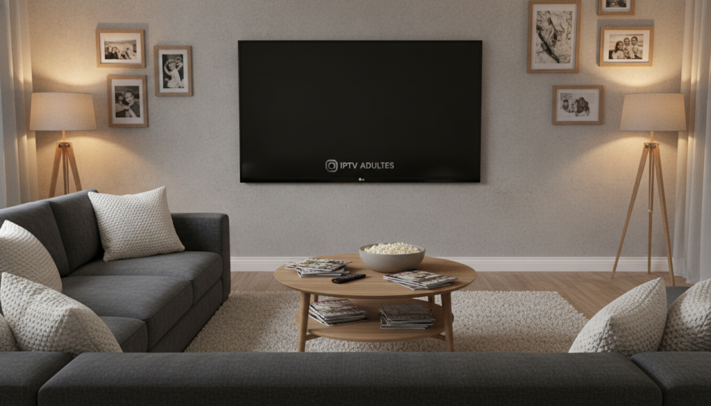A cozy living room setting designed for family viewing, featuring a sleek and modern Smart TV with the brand name "IPTV ADULTES" displayed prominently on the screen, though the screen is powered off and showing no content. The foreground includes a plush sofa with soft cushions, inviting a sense of comfort. In the middle, a stylish coffee table hosts a few family-friendly magazines and a bowl of popcorn, conveying a relaxed atmosphere. The background shows warm ambient lighting from tasteful lamps that create a calm ambiance. The walls are adorned with family photos and art, enhancing the homey feel. The scene has a tranquil and discreet mood, perfect for illustrating family entertainment with technology, and is framed with a slightly angled perspective to capture the whole area.