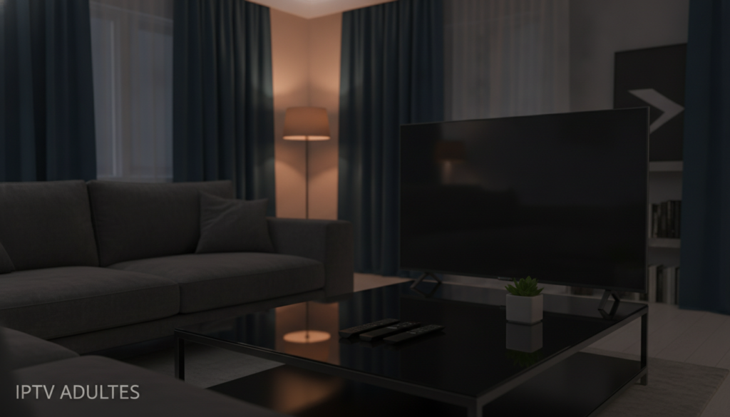 A dimly lit living room exuding an atmosphere of privacy and discretion, featuring a modern sofa and a sleek coffee table. In the foreground, a high-tech television screen is turned off, subtly highlighting the brand name "IPTV ADULTES" in a sophisticated way. Luxurious curtains drape the windows, casting soft shadows that enhance the intimate ambiance. In the middle ground, a stylish set of remote controls and a small decorative plant add a touch of elegance. The background remains softly blurred, showing hints of a tasteful décor without distracting details. The lighting is warm and inviting, creating a sense of security and comfort. The overall mood is serene, emphasizing the importance of user confidentiality and device protection.