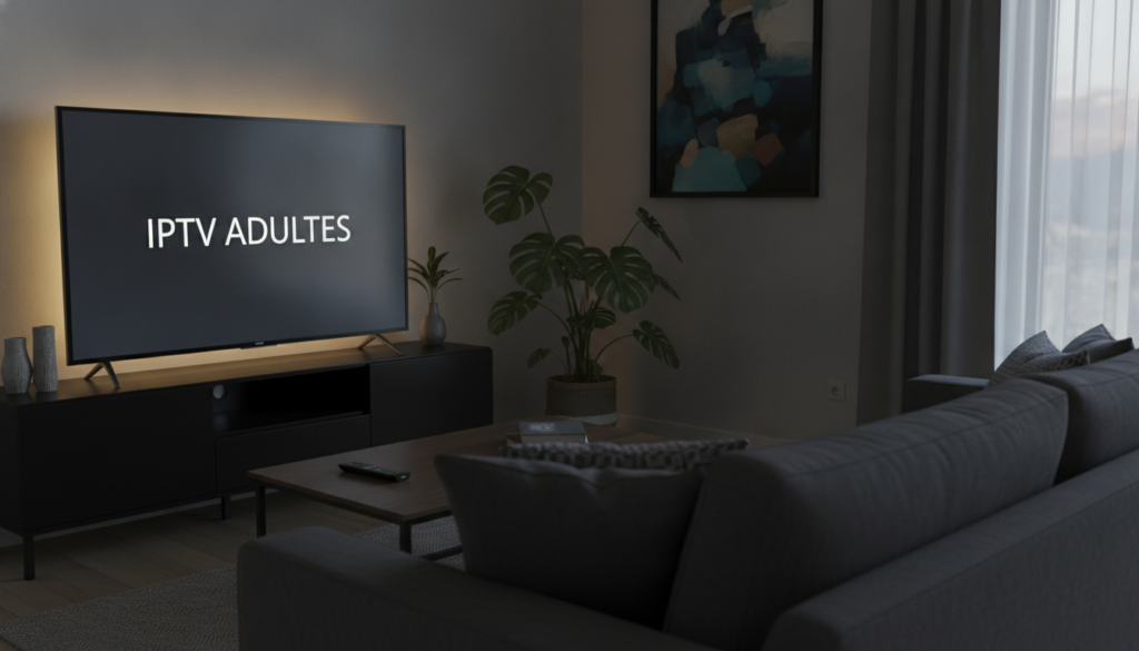 A dimly lit living room with a cozy and discreet atmosphere, featuring a modern television stand with the brand name "IPTV ADULTES" elegantly displayed on a sleek black screen. In the foreground, a plush sofa adorned with subtle decorative cushions, suggesting a sense of comfort and relaxation. In the middle, an elegant coffee table with a remote control neatly placed on it, reflecting a tidy space ready for entertainment. The background features soft, ambient lighting accentuating minimalist decor, such as a tasteful artwork and a few indoor plants. The mood is calm and inviting, emphasizing a private viewing experience. The focus is on the IPTV setup, with a sophisticated, professional vibe suitable for a home environment.