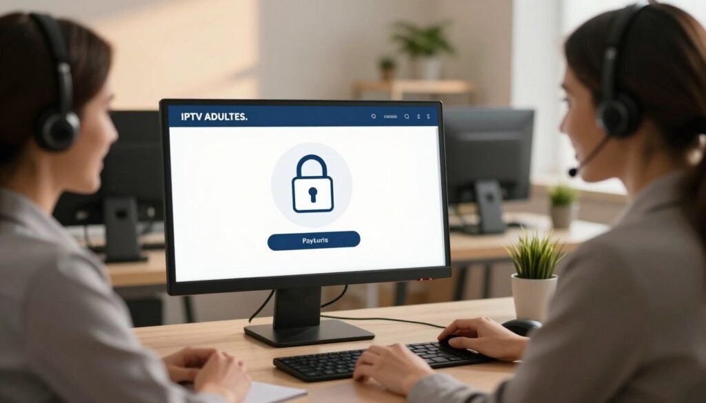 A professional and reassuring scene depicting a French customer support environment for IPTV services. In the foreground, a friendly customer service representative in business attire, sitting at a modern desk with a computer displaying the brand name "IPTV ADULTES." In the middle, a sleek interface showing a secure payment method with a padlock symbol, emphasizing confidentiality and safety. The background features a softly lit office space with plants, creating a neutral and calming atmosphere. The lighting is warm and inviting, casting a gentle glow, while the angle is slightly above eye level to capture the interaction between the representative and the digital interface, enhancing the sense of professionalism and trust. A professional and reassuring scene depicting a French customer support environment for IPTV services. In the foreground, a friendly customer service representative in business attire, sitting at a modern desk with a computer displaying the brand name "IPTV ADULTES." In the middle, a sleek interface showing a secure payment method with a padlock symbol, emphasizing confidentiality and safety. The background features a softly lit office space with plants, creating a neutral and calming atmosphere. The lighting is warm and inviting, casting a gentle glow, while the angle is slightly above eye level to capture the interaction between the representative and the digital interface, enhancing the sense of professionalism and trust.