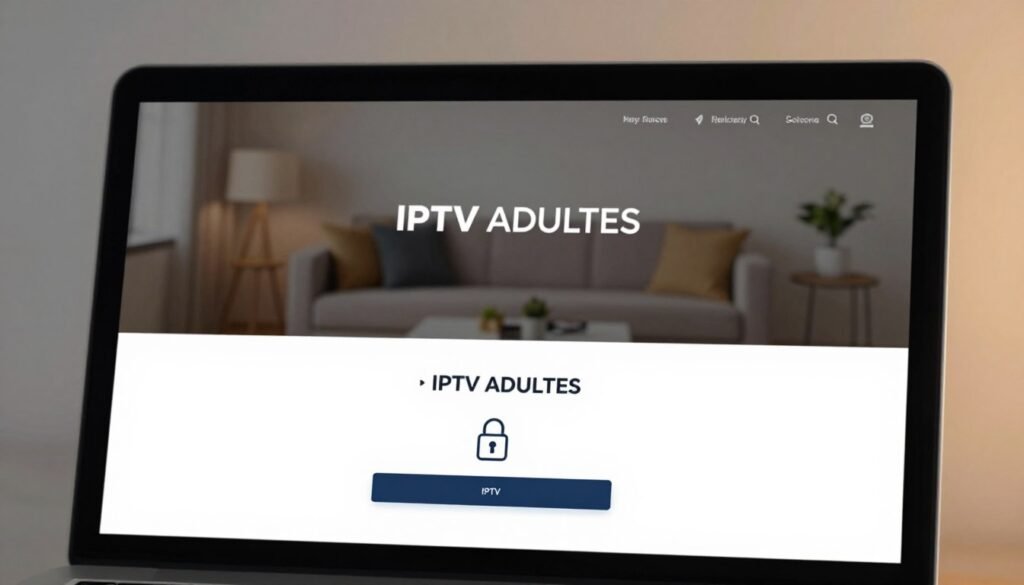 A professional, secure online payment interface for purchasing IPTV, showcasing an elegant, user-friendly design. In the foreground, a sleek computer screen displays the "IPTV ADULTES" brand name prominently, with a payment process highlighted by a lock icon symbolizing security. The middle layer features a blurred image of a modern living room, subtly indicating comfort and privacy, with soft, ambient lighting to evoke a reassuring atmosphere. The background is a gradient of neutral colors, enhancing the focus on the payment interface. The overall mood combines professionalism and discretion, emphasizing responsible and secure decision-making in the realm of IPTV subscriptions. The composition should have a slightly elevated angle, capturing the essence of a safe and private transaction without including any human figures. A professional, secure online payment interface for purchasing IPTV, showcasing an elegant, user-friendly design. In the foreground, a sleek computer screen displays the "IPTV ADULTES" brand name prominently, with a payment process highlighted by a lock icon symbolizing security. The middle layer features a blurred image of a modern living room, subtly indicating comfort and privacy, with soft, ambient lighting to evoke a reassuring atmosphere. The background is a gradient of neutral colors, enhancing the focus on the payment interface. The overall mood combines professionalism and discretion, emphasizing responsible and secure decision-making in the realm of IPTV subscriptions. The composition should have a slightly elevated angle, capturing the essence of a safe and private transaction without including any human figures.